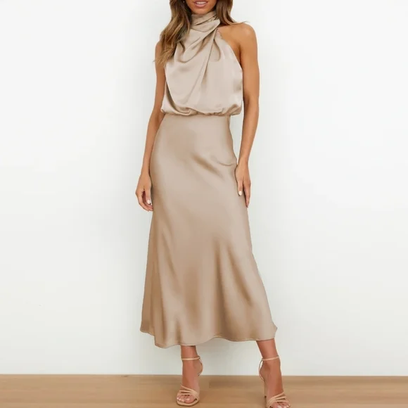 Boutique Dresses | New Chic Draped Wrap Halter Neck Satin Midi Dress Beige Cream Tan | Color: Cream/Tan | Size: 6 | Glitteredcloset's Closet